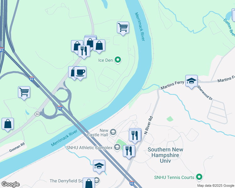map of restaurants, bars, coffee shops, grocery stores, and more near 55 Kimball Drive in Hooksett