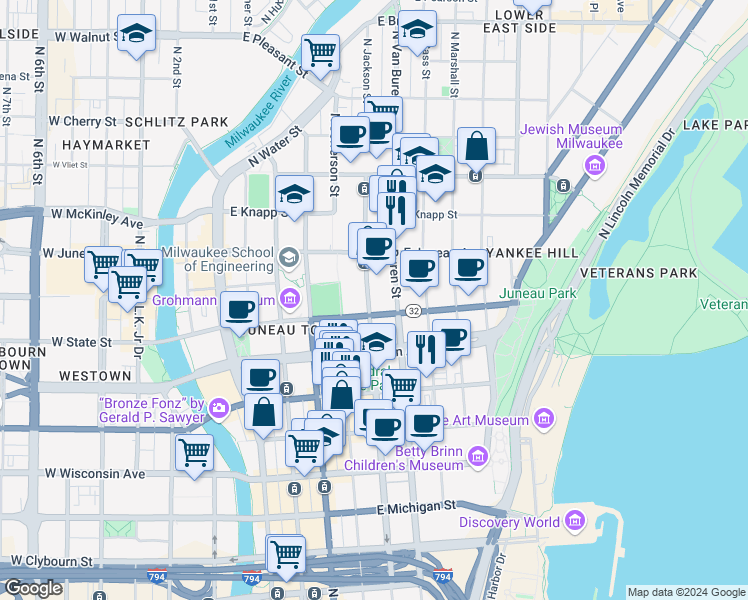 map of restaurants, bars, coffee shops, grocery stores, and more near 610 East State Street in Milwaukee