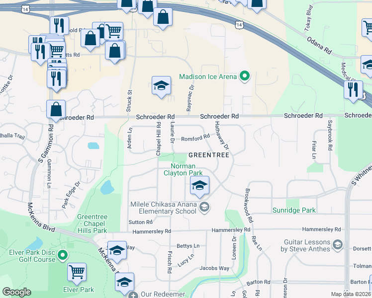 map of restaurants, bars, coffee shops, grocery stores, and more near 6402 Shoreham Drive in Madison