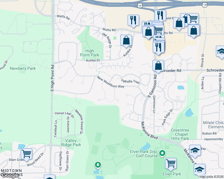 map of restaurants, bars, coffee shops, grocery stores, and more near 2 Elver Court in Madison