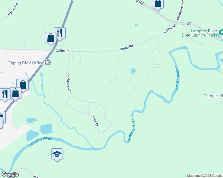 map of restaurants, bars, coffee shops, grocery stores, and more near 31 Woodlands Drive in Epping