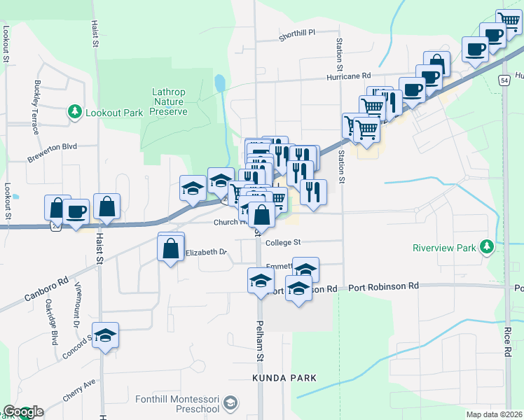 map of restaurants, bars, coffee shops, grocery stores, and more near 1433 Pelham Street in Pelham