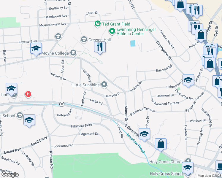 map of restaurants, bars, coffee shops, grocery stores, and more near 223 Barrington Road in Syracuse