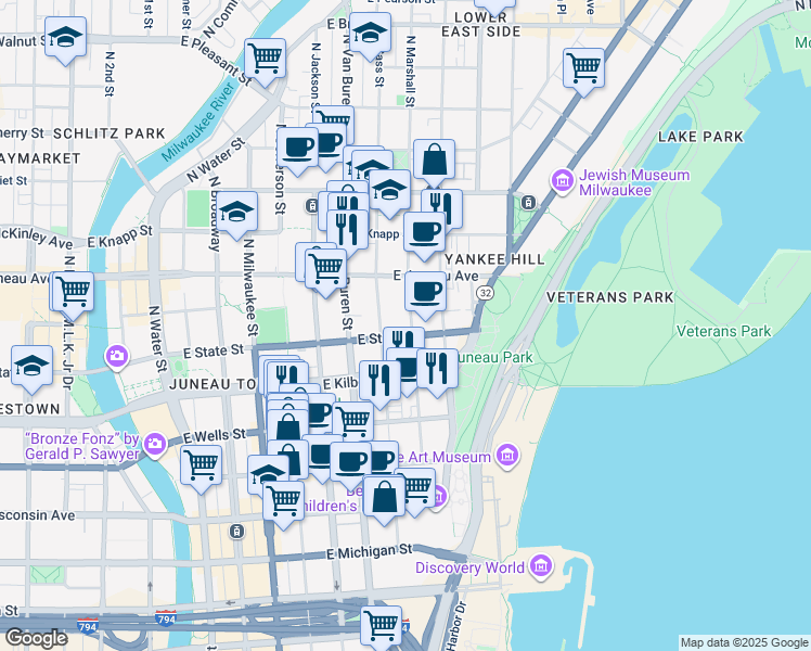 map of restaurants, bars, coffee shops, grocery stores, and more near 1007 North Marshall Street in Milwaukee