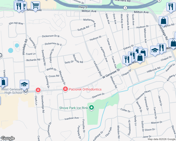 map of restaurants, bars, coffee shops, grocery stores, and more near 1211 Sidney Street in Syracuse
