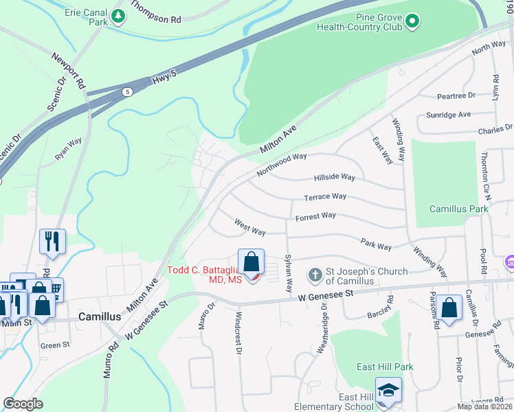 map of restaurants, bars, coffee shops, grocery stores, and more near 111 Forrest Way in Camillus