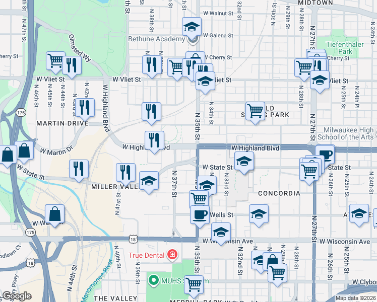 map of restaurants, bars, coffee shops, grocery stores, and more near 3522 West Linden Place in Milwaukee