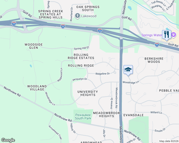 map of restaurants, bars, coffee shops, grocery stores, and more near 3419 Ridgeline Drive in Waukesha
