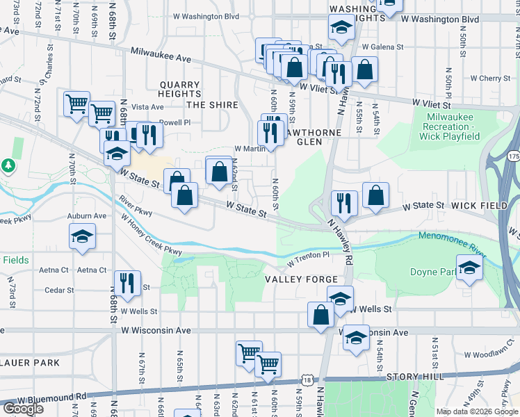 map of restaurants, bars, coffee shops, grocery stores, and more near 6100 West State Street in Milwaukee