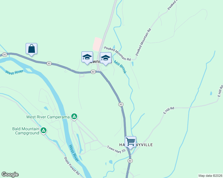 map of restaurants, bars, coffee shops, grocery stores, and more near 1889 Vermont 30 in Townshend
