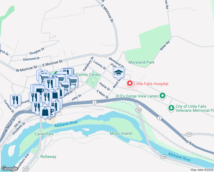 map of restaurants, bars, coffee shops, grocery stores, and more near 23 Petrie Street in Little Falls