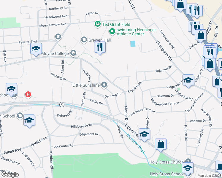 map of restaurants, bars, coffee shops, grocery stores, and more near 223 Barrington Road in Syracuse