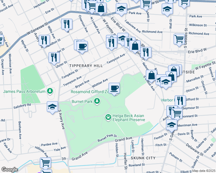 map of restaurants, bars, coffee shops, grocery stores, and more near 262 Coleridge Avenue in Syracuse