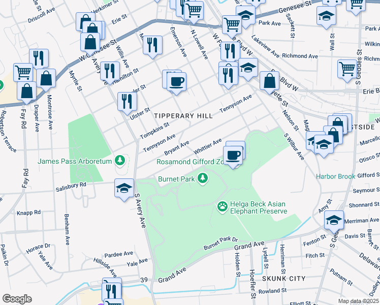 map of restaurants, bars, coffee shops, grocery stores, and more near 415 Whittier Avenue in Syracuse