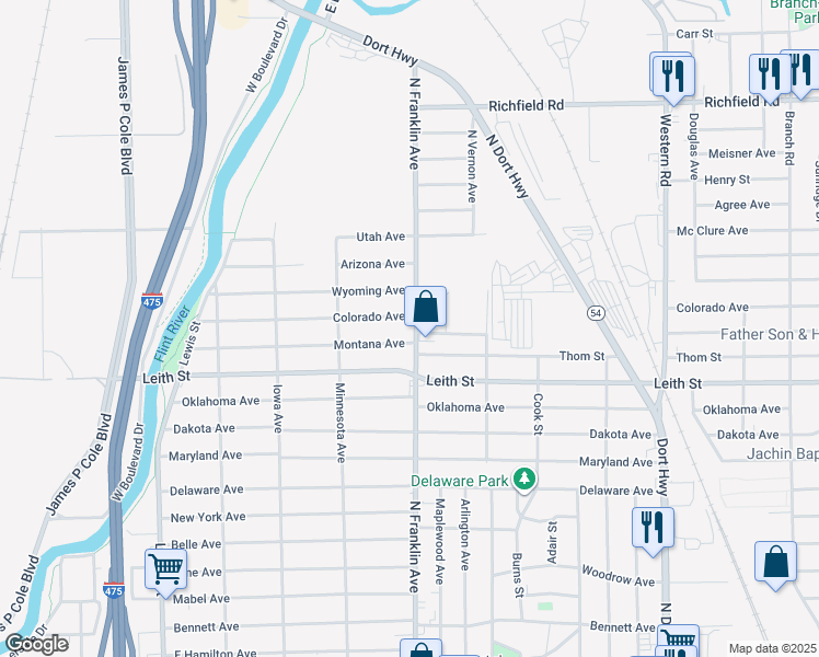 map of restaurants, bars, coffee shops, grocery stores, and more near 3211 North Franklin Avenue in Flint
