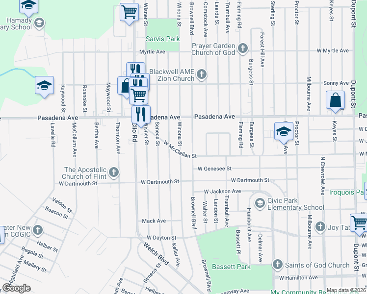 map of restaurants, bars, coffee shops, grocery stores, and more near 2012 West McClellan Street in Flint