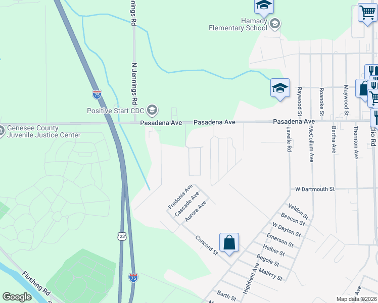 map of restaurants, bars, coffee shops, grocery stores, and more near 3379 Pasadena Avenue in Flint