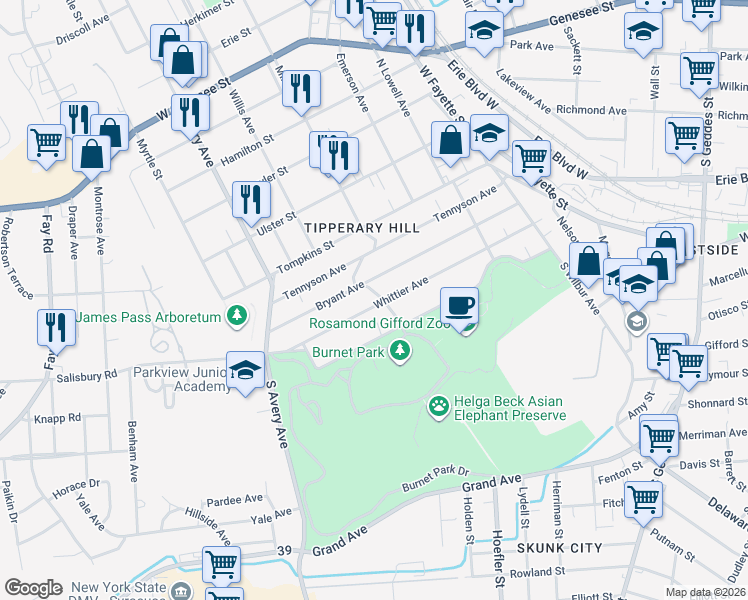map of restaurants, bars, coffee shops, grocery stores, and more near 402 Whittier Avenue in Syracuse