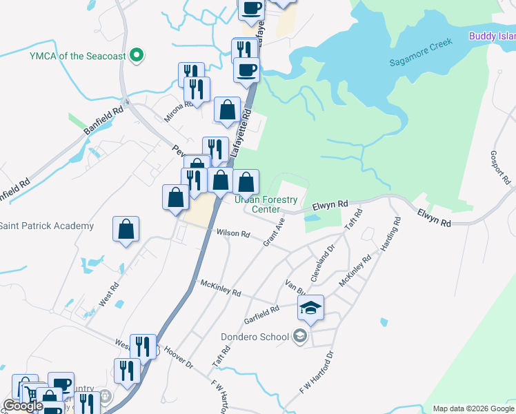 map of restaurants, bars, coffee shops, grocery stores, and more near 19 Edgewood Road in Portsmouth