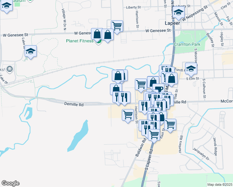 map of restaurants, bars, coffee shops, grocery stores, and more near 1880 Demille Road in Lapeer