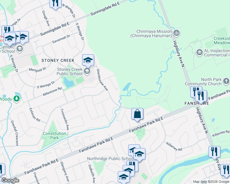 map of restaurants, bars, coffee shops, grocery stores, and more near 1603 Vandusen Court in London