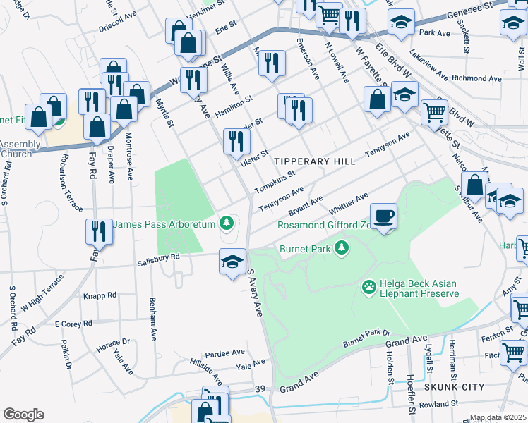 map of restaurants, bars, coffee shops, grocery stores, and more near 518 Bryant Avenue in Syracuse