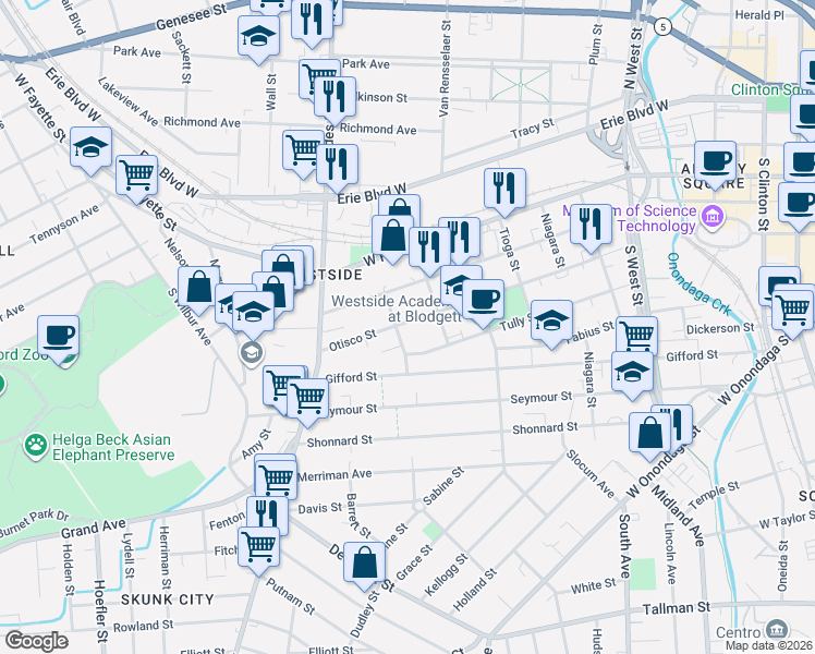 map of restaurants, bars, coffee shops, grocery stores, and more near 710 Tully Street in Syracuse