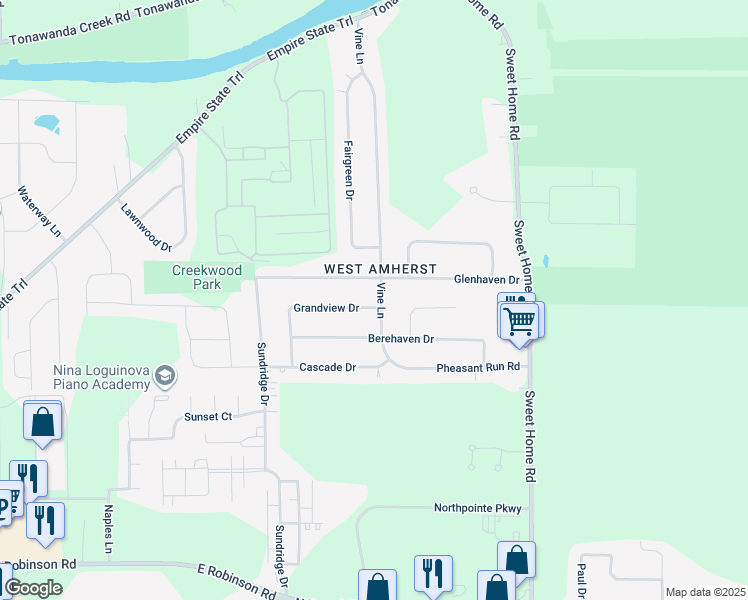 map of restaurants, bars, coffee shops, grocery stores, and more near 166 Grandview Drive in Buffalo