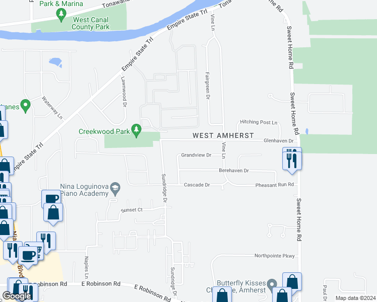map of restaurants, bars, coffee shops, grocery stores, and more near 96 Grandview Drive in Buffalo