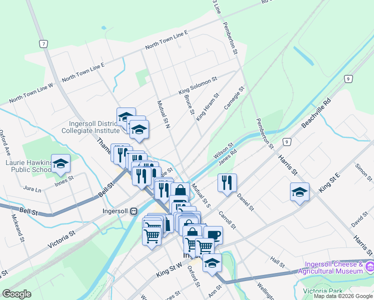 map of restaurants, bars, coffee shops, grocery stores, and more near 97 Carnegie Street in Ingersoll