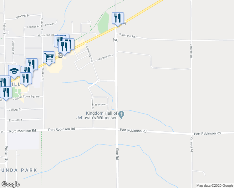 map of restaurants, bars, coffee shops, grocery stores, and more near 1485 Rice Road in Welland