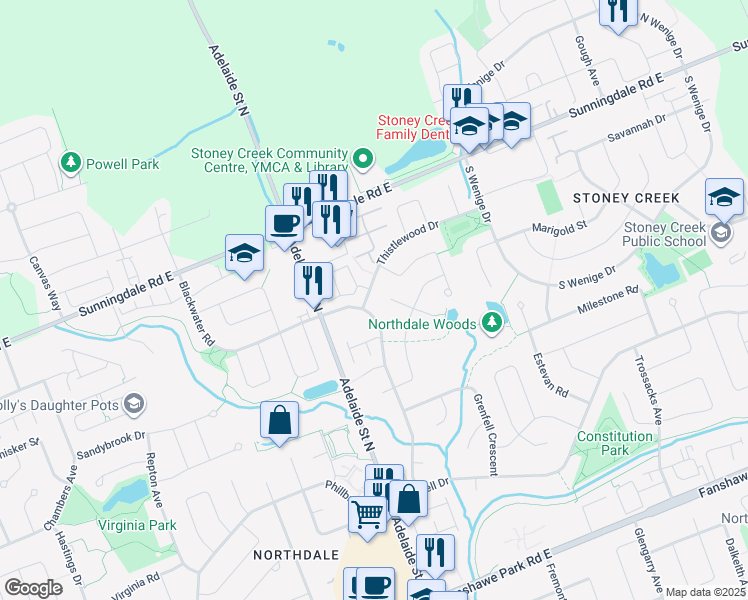 map of restaurants, bars, coffee shops, grocery stores, and more near 565 Thistlewood Drive in London