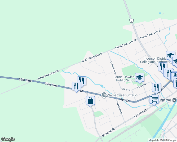 map of restaurants, bars, coffee shops, grocery stores, and more near 23 Shelton Drive in Ingersoll