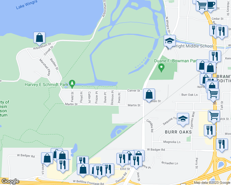 map of restaurants, bars, coffee shops, grocery stores, and more near 2018 Irwin Place in Madison