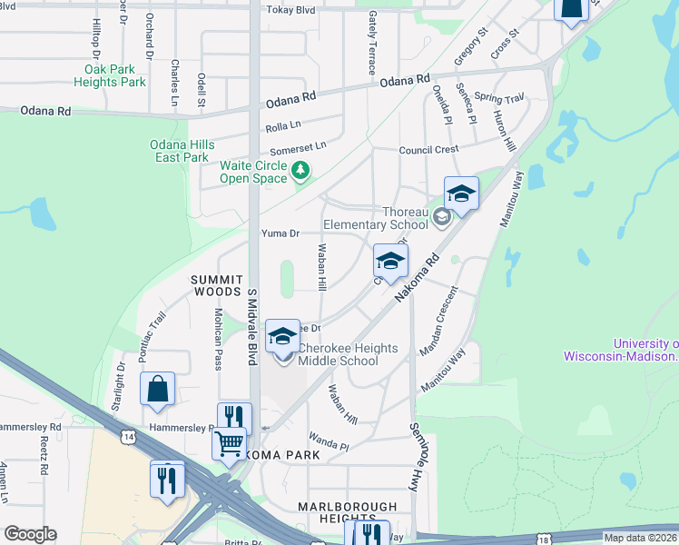 map of restaurants, bars, coffee shops, grocery stores, and more near 4137 Hiawatha Drive in Madison