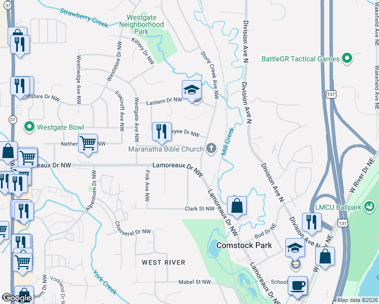 map of restaurants, bars, coffee shops, grocery stores, and more near 4423 Stony Creek Avenue Northwest in Comstock Park