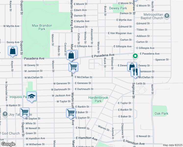 map of restaurants, bars, coffee shops, grocery stores, and more near 301 East McClellan Street in Flint