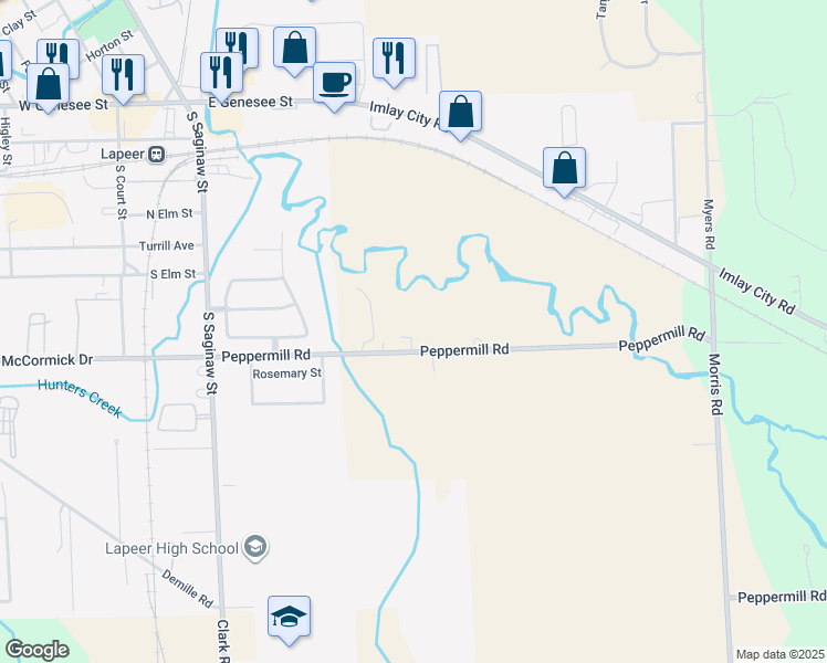 map of restaurants, bars, coffee shops, grocery stores, and more near 431 Peppermill Road in Lapeer