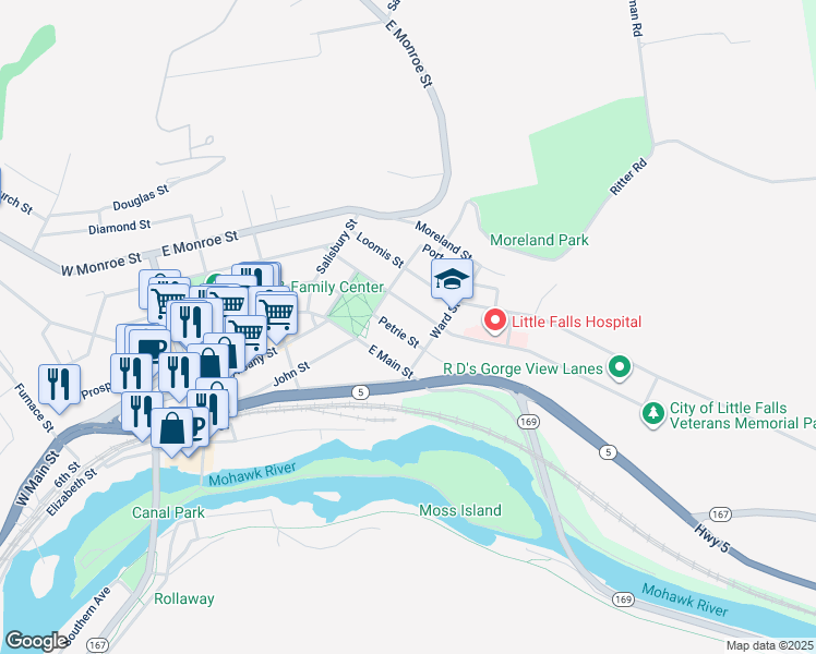 map of restaurants, bars, coffee shops, grocery stores, and more near 23 Petrie Street in Little Falls