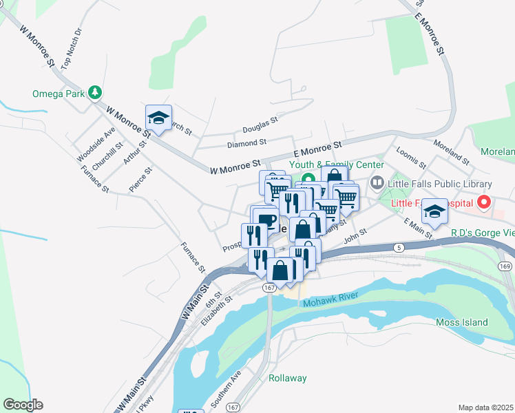 map of restaurants, bars, coffee shops, grocery stores, and more near 46-52 Church Street in Little Falls