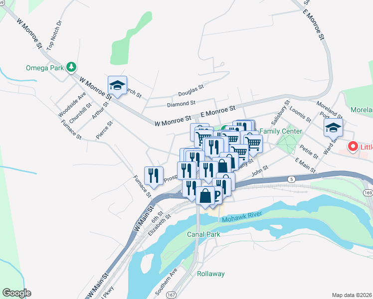 map of restaurants, bars, coffee shops, grocery stores, and more near 46-52 Church Street in Little Falls