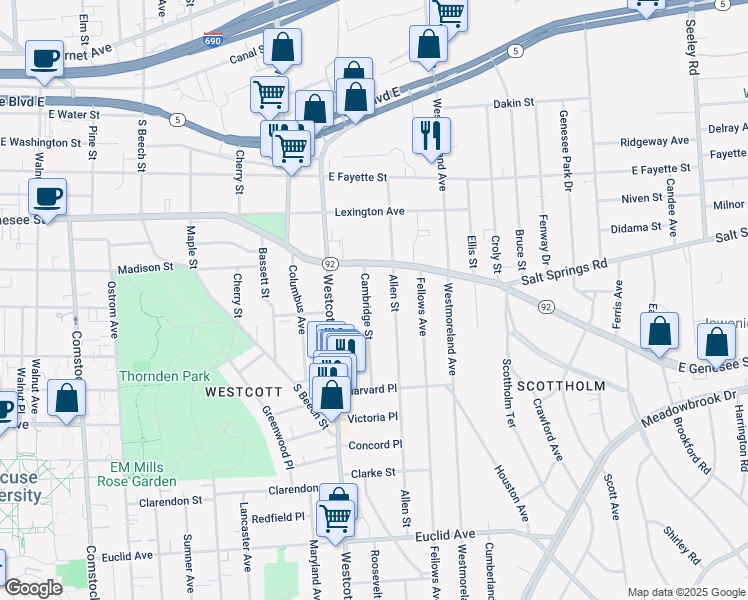 map of restaurants, bars, coffee shops, grocery stores, and more near 151 Cambridge Street in Syracuse
