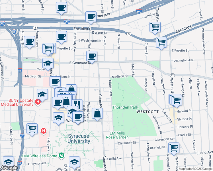 map of restaurants, bars, coffee shops, grocery stores, and more near 1206 Harrison Street in Syracuse