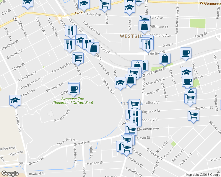 map of restaurants, bars, coffee shops, grocery stores, and more near in Syracuse