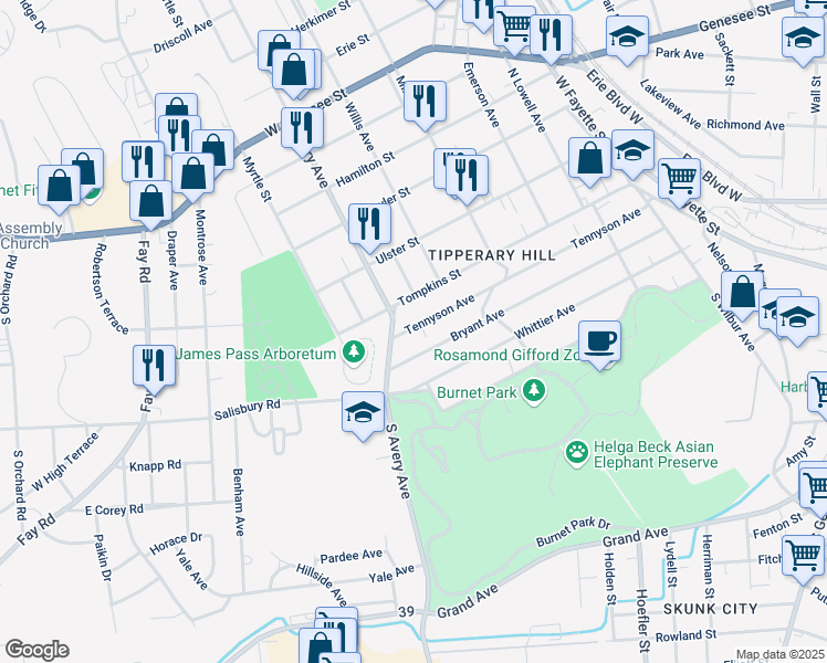 map of restaurants, bars, coffee shops, grocery stores, and more near 518 Bryant Avenue in Syracuse