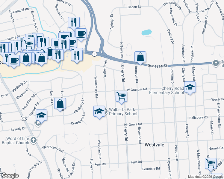 map of restaurants, bars, coffee shops, grocery stores, and more near 301 Walberta Road in Syracuse