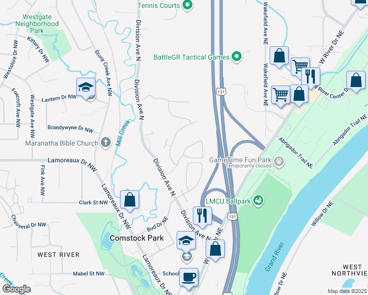 map of restaurants, bars, coffee shops, grocery stores, and more near 137 Water Lily Way in Comstock Park