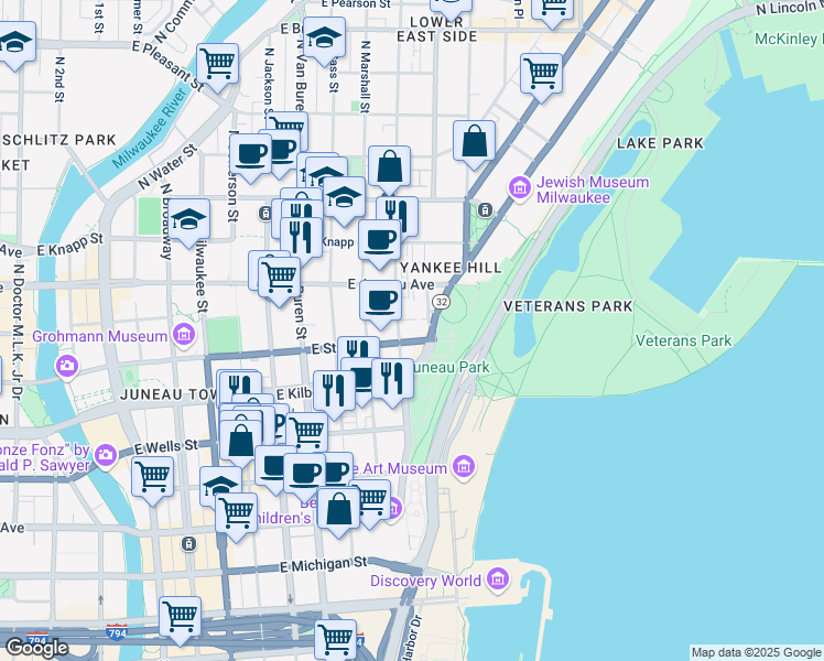map of restaurants, bars, coffee shops, grocery stores, and more near in Milwaukee