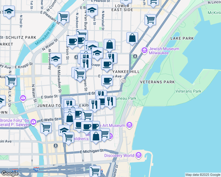 map of restaurants, bars, coffee shops, grocery stores, and more near 916 East State Street in Milwaukee