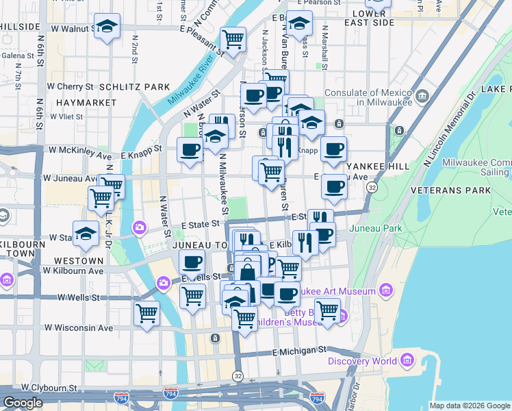 map of restaurants, bars, coffee shops, grocery stores, and more near 540 East Mason Street in Milwaukee